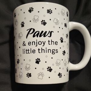 Paws & Enjoy the Little Things Ceramic Mug - White with Black Paw Print